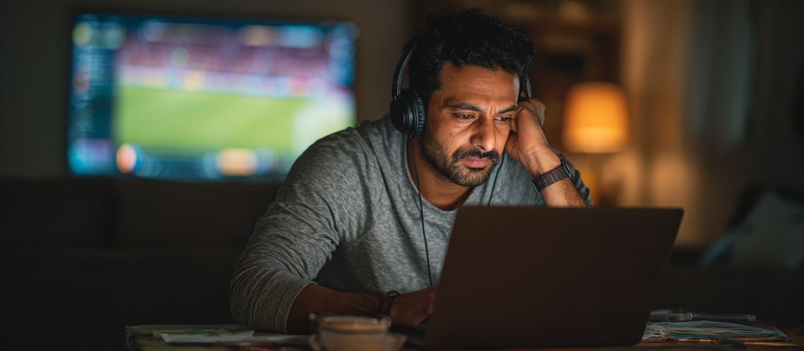 Focused man watching a sports match on his laptop with headphones, representing the thrill of Bn88 sports betting.