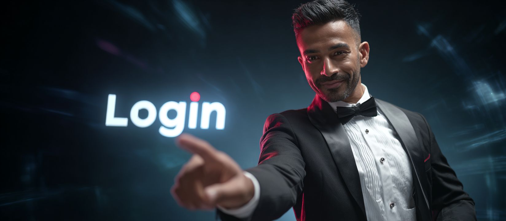 Bn88 Log In – Quick and secure access to your gaming account Confident man in a tuxedo pointing towards the screen with “Login” text, highlighting secure access to Bn88.