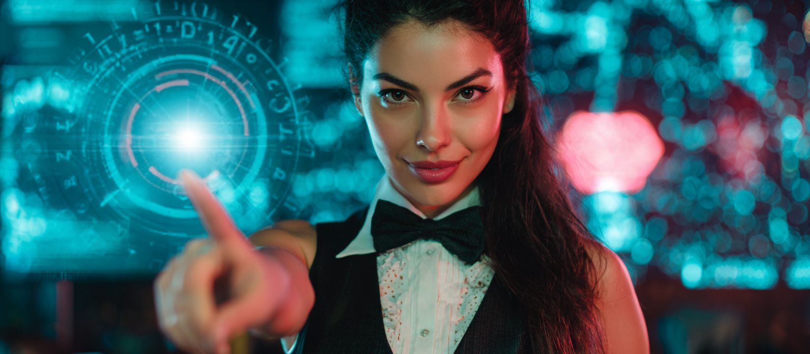 Bn88 Log In – Easy and secure access to your gaming account Confident woman in a bow tie interacting with futuristic casino technology, highlighting secure access at Bn88.