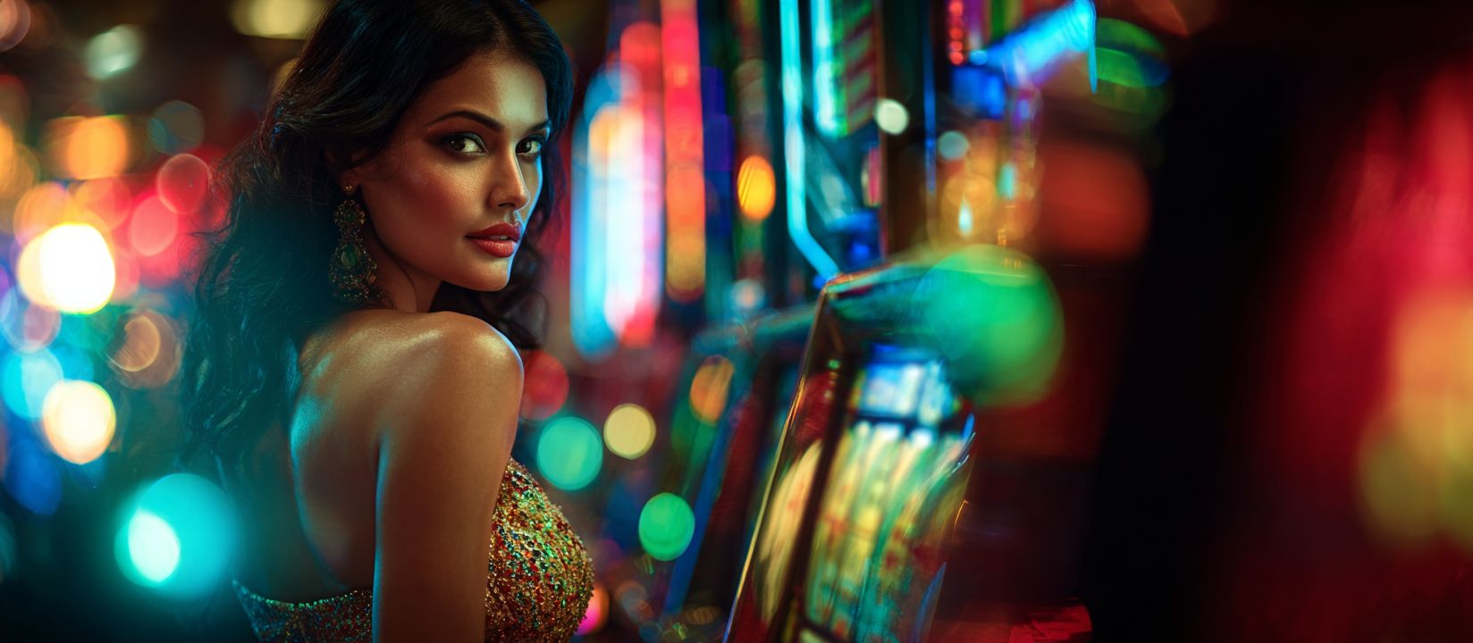 Bn88 Slots – The ultimate destination for online slot games Glamorous woman in a sparkling dress standing beside vibrant slot machines, showcasing the thrill of Bn88 Slots.