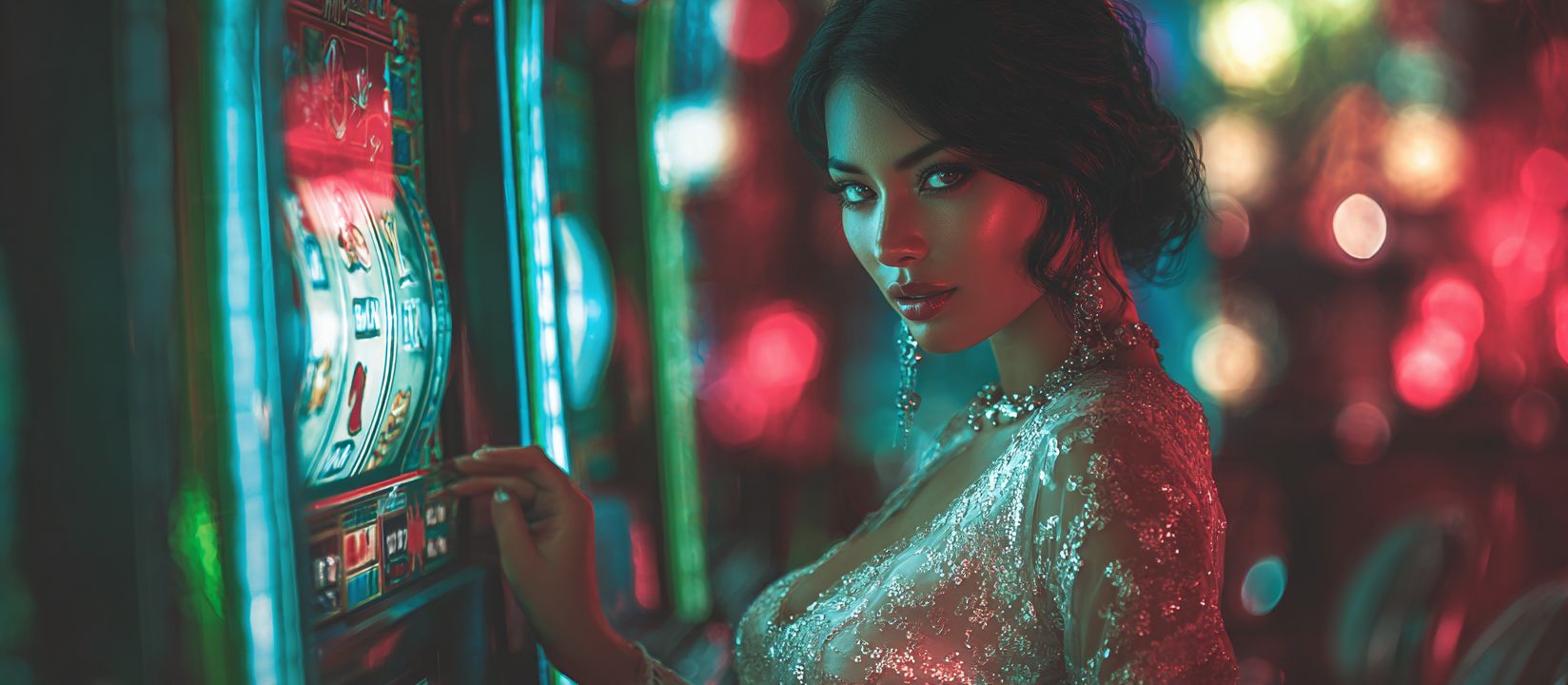 Bn88 Slots – Endless entertainment with exciting slot action Elegant woman in a glittering outfit playing slot machines surrounded by neon lights at Bn88 Casino.